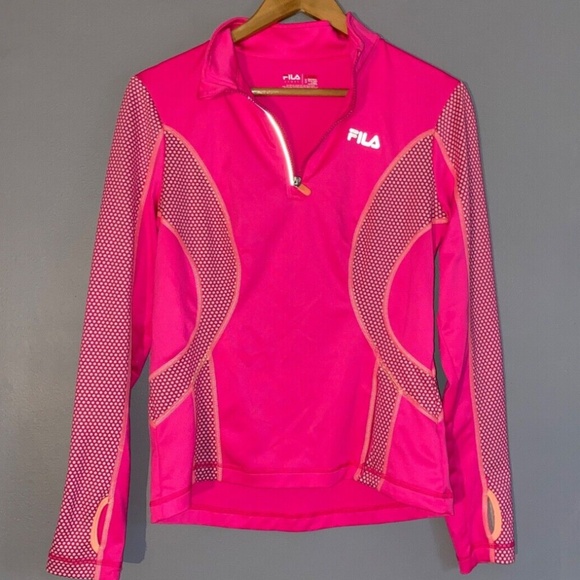 Small FILA Running Quarter Zip Performance Workout Shirt Neon Pink w/Dots - Picture 1 of 11